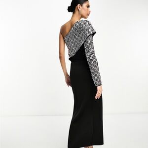 ASOS DESIGN one shoulder silver sequin embellishment maxi dress in black